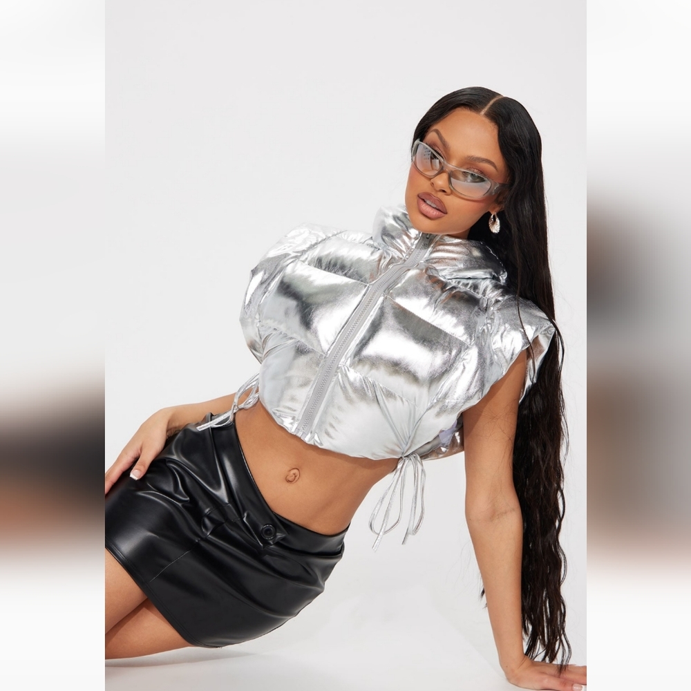 Metallic Silver Puffer Cropped Jacket